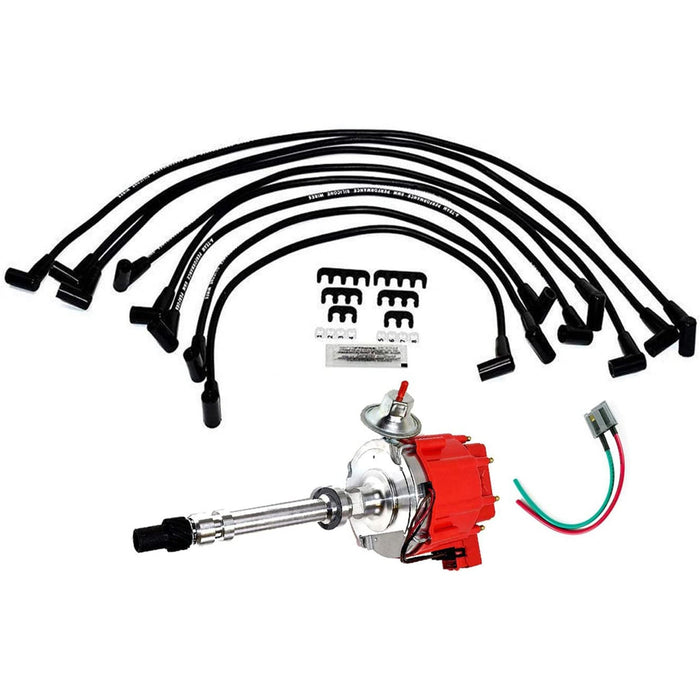 A-Team Performance HEI Distributor w-SBC Under the Exhaust Spark Plug Wires & HEI Pigtail Harness Complete Kit for Chevrolet Chevy GM GMC SBC 262 265 267 283 302 350 383 400 Red Cap - Southwest Performance Parts