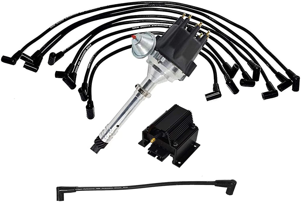 A-Team Performance Pro Series R2R Distributor, 8.0mm Over the Valve Cover Spark Plug Wires, & 50K Volt Coil For GMC Chevrolet SBC 262 283 302 305 307 327 350 400 with Fixed Collar Black - Southwest Performance Parts