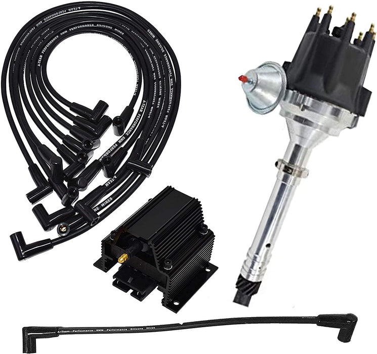 A-Team Performance Pro Series R2R Distributor, 8.0mm Under the Exhaust Spark Plug Wires, 50K Volts E-Coil For GMC Chevrolet SBC SB V8 262 327 350 400 with Fixed Collar Black Cap - Southwest Performance Parts