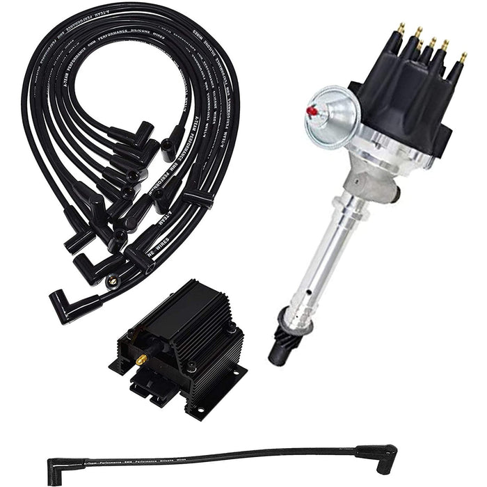 A-Team Performance Pro Series R2R Distributor, 8.0mm Under the Exhaust Spark Plug Wires, & 50K Volt Coil For Chevy Corvette SCB Tach Drive 262 265 267 283 302 305 307 327 350 400 Black - Southwest Performance Parts