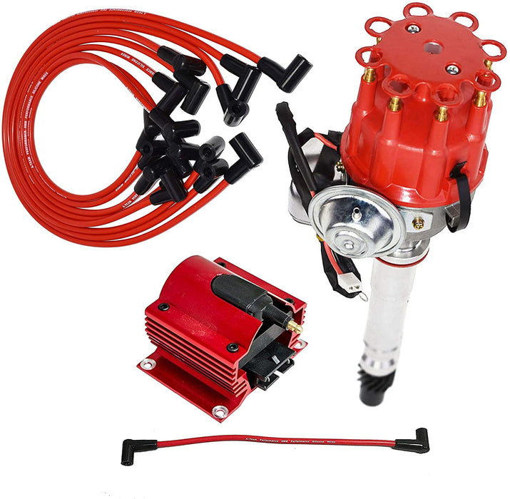 A-Team Performance SBC CHEVY-GM 350 Small Spark Plug Wires Cap Distributor Coil + Red 8Mm Over Valve Cover - Southwest Performance Parts