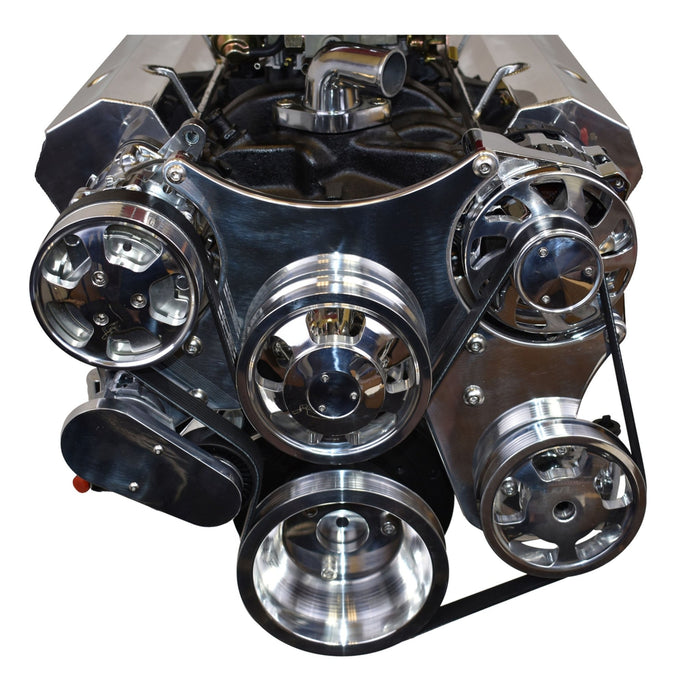 A-Team Performance Small Block Chevy 262 265 267 302 327 400 Serpentine Front Drive System complete with Bracket & Pulleys, Mechanical Water Pump,160-AMP GM CS130 Style Alternator, SD7 A-C Compressor Power Steering Pump CHROME - Southwest Performance Parts