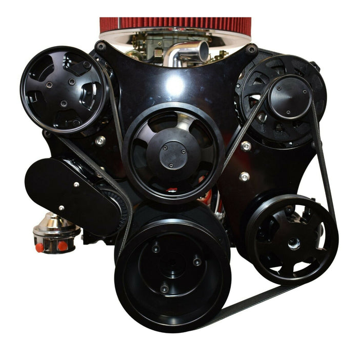 A-Team Performance Small Block Chevy 262 265 267 302 327 400 Serpentine Front Drive System complete with Bracket & Pulleys, Mechanical Water Pump,160-AMP GM CS130 Style Alternator, SD7 A-C Compressor Power Steering Pump BLACK - Southwest Performance Parts