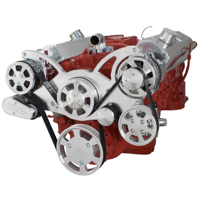 A-Team Performance Small Block Chevy SBC Serpentine Complete Kit - with Alternator, Power Steering, Water Pump and AC Compressor (Polished) - Southwest Performance Parts