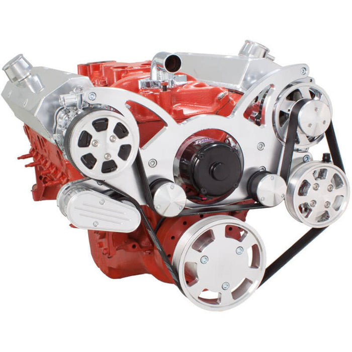 A-Team Performance Small Block Chevy SBC Serpentine Complete Kit - with EWP-Electric Water Pump - with Alternator, Power Steering, Electric Water Pump and AC Compressor (Polished) - Southwest Performance Parts