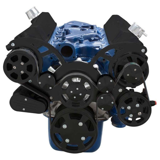 A-Team Performance Small Block Ford SBF Serpentine Complete Kit - with Alternator, Power Steering Pump, Water Pump and AC Compressor (Black) - Southwest Performance Parts