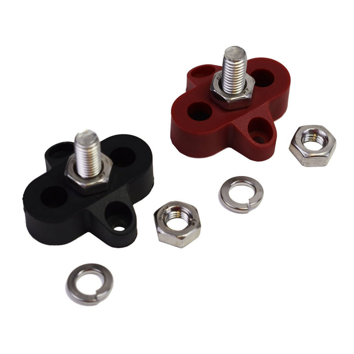 A-Team Performance 3-8" Stainless Steel Single Stud Power and Ground Junction Block Red and Black - Southwest Performance Parts