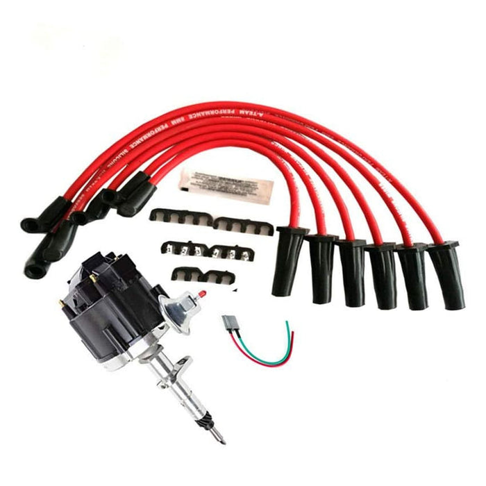 A-Team Performance 65K COIL HEI Distributor Black Cap, Red Spark Plug Wires Set, and Pigtail Wiring Harness 3-in-1 Kit for Straight 6 41-62 194 216 235 68-87 Early Chevrolet - Southwest Performance Parts
