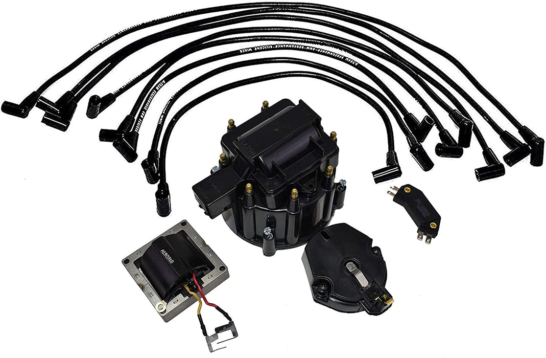A-Team Performance 8-Cylinder Male Cap, 65k Volt Coil HEI Distributor Tune Up Kit, &amp; 8.0mm Over the Valve Cover Spark Plug Wires For Chevrolet SBC 262 283 302 305 307 327 350 400 Black - Southwest Performance Parts
