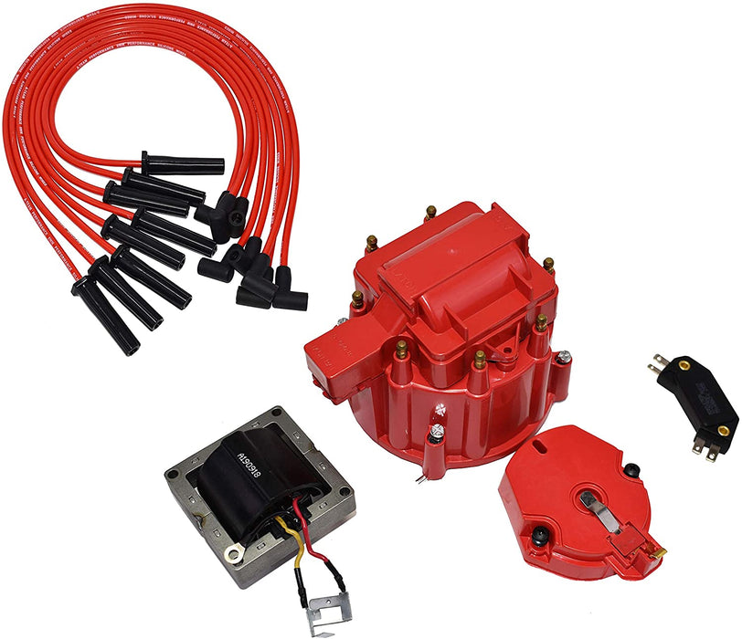 A-Team Performance 8-Cylinder Male Cap, 65K Volt Coil HEI Distributor Tune Up Kit, &amp; 8.0mm Silicone Spark Plug Wires For Chevrolet Big Block BBC 396, 402, 427, 454 Red - Southwest Performance Parts