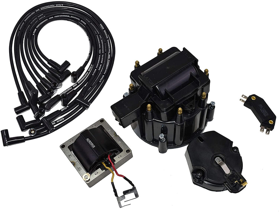 A-Team Performance 8-Cylinder Male Cap, 65k Volt Coil HEI Distributor Tune Up Kit, &amp; 8.0mm Under The Exhaust Spark Plug Wires For Chevrolet SBC 262 283 302 305 307 327 350 400 Black - Southwest Performance Parts