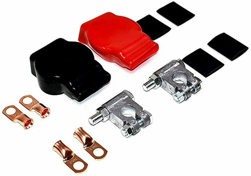 A-Team Performance Car Auto Battery Terminal Connector Military Spec Batteries Box Top Post Kit — 12 Items — 2x Covers (Red and Black), 4x Copper Lugs and 4x Heat Shrink - Southwest Performance Parts