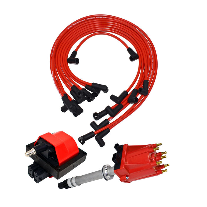 A-Team Performance Distributor, 8mm Spark Plug Wires, and E-Core Ignition Coil Compatible With 1987-1997 SBC BBC GMC Chevrolet 5.0L 5.7L C-K Pickup Truck Van Camaro 305 350 Red Cap &amp; Wires - Southwest Performance Parts