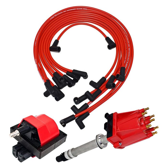 A-Team Performance Distributor, 8mm Spark Plug Wires, and E-Core Ignition Coil Set Compatible With 1985-199 Chevy GMC 4.3L V6 TBI Blazer S10 S15 Jimmy Sonoma C K Truck Pontiac Red Cap &amp; Wires - Southwest Performance Parts