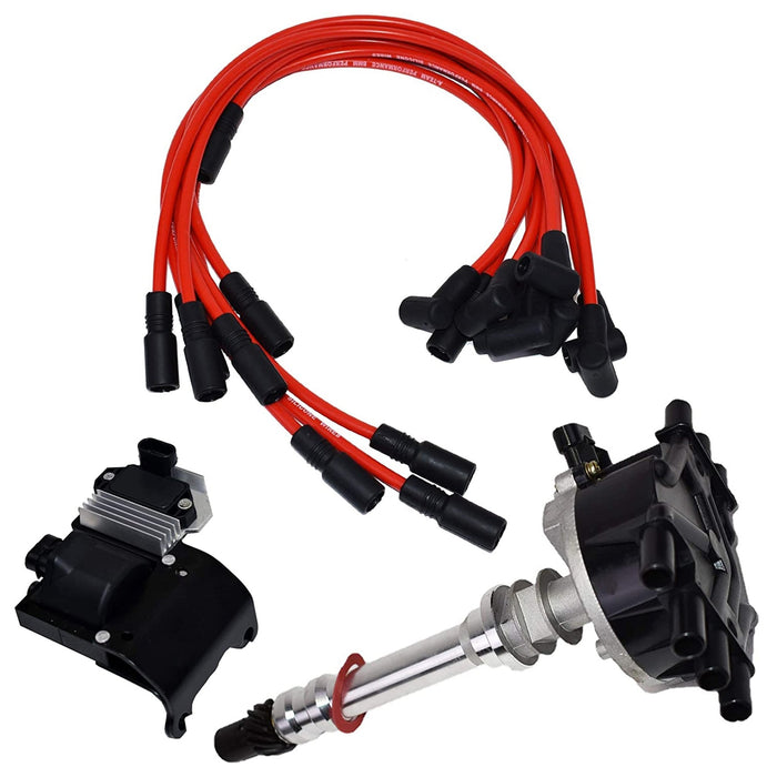 A-Team Performance Distributor, 8mm Spark Plug Wires, Ignition Coil, and Ignition Module Kit Compatible with 1995-2007 Chevrolet GMC Trucks and Cars 90° VORTEC V6 4.3L - 262 Black Cap &amp; Red Wires - Southwest Performance Parts