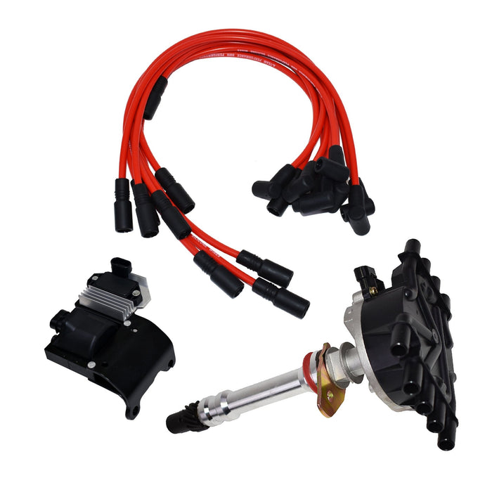 A-Team Performance Distributor, 8mm Spark Plug Wires, Ignition Coil, and Ignition Module Kit Compatible with 1996-2002 Chevrolet GM EFI Vortec C1500 K1500 C2500 K2500 Black Cap &amp; Red Wires - Southwest Performance Parts