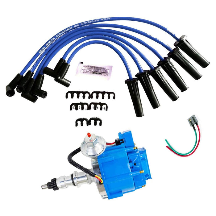 A-Team Performance HEI Complete Distributor Blue Cap with 6CYL 8mm Blue Silicone Spark Plug Wires Set and Pigtail Wiring Harness Tachometer For Ford Inline 6 144 170 200 250 5-16 Hex Shaft - Southwest Performance Parts
