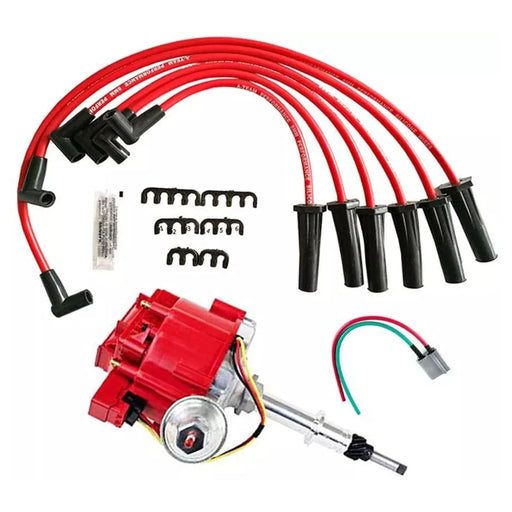 A-Team Performance HEI Distributor 65K Coil 7500 RPM Complete Kit w-Red Silicone Spark Plug Wires &amp; HEI Pigtail Harness Compatible with Chevrolet Chevy GM GMC Truck Late Model Inline 6CYL 230 250 292 - Southwest Performance Parts