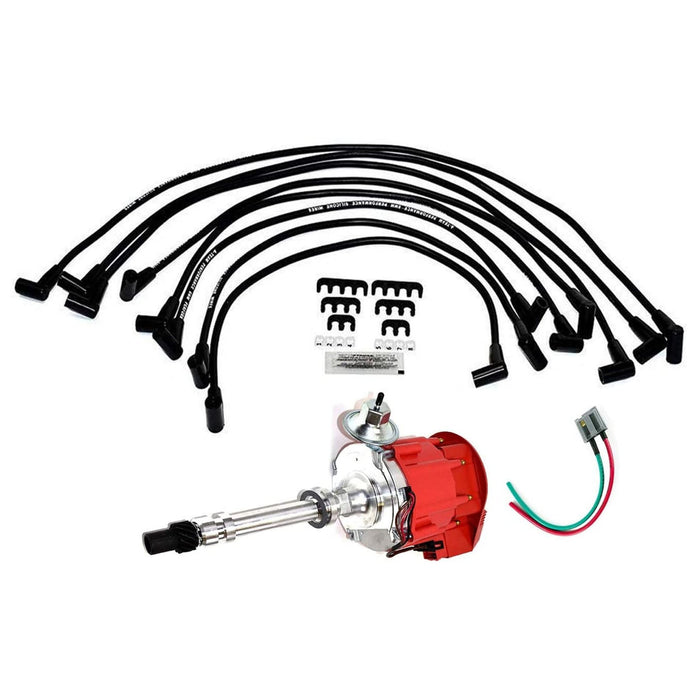 A-Team Performance HEI Distributor w-SBC Under the Exhaust Spark Plug Wires &amp; HEI Pigtail Harness For Chevrolet Chevy GM GMC SBC 262 265 267 283 302 307 327 383 400 Red Super Cap - Southwest Performance Parts