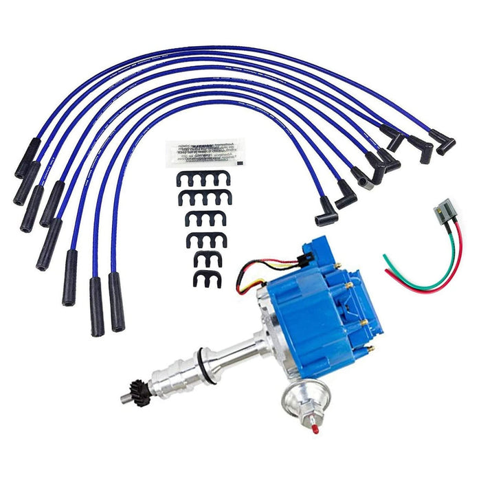 A-Team Performance HEI Distributor with BBF Spark Plug Wires &amp; HEI Pigtail Harness Complete Kit Compatible with Ford HD FE-FT 330 361 391 5-16" Shaft One-Wire Installation Blue Cap - Southwest Performance Parts