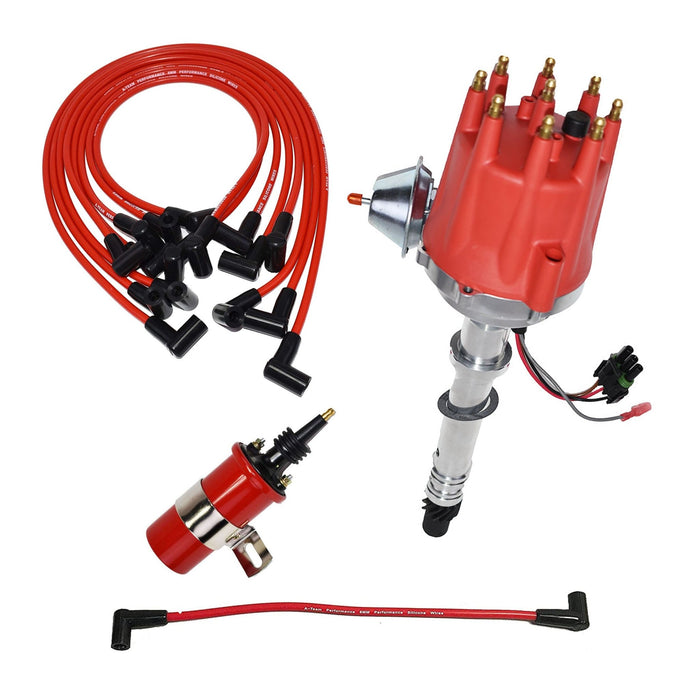 A-Team Performance Pro Series R2R Distributor, 8.0mm Over the Valve Cover Spark Plug Wires, 45k Volts Canister Coil, and Coil Wire For Chevrolet GMC 327 350 396 454 Fixed Collar Red - Southwest Performance Parts