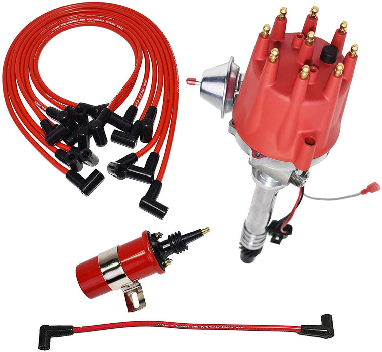 A-Team Performance Pro Series R2R Distributor, 8.0mm Over the Valve Cover Spark Plug Wires, &amp; 45K Volt Coil For Chevy Corvette SBC Tach Drive 262 265 267 283 302 305 307 327 350 400 Red - Southwest Performance Parts