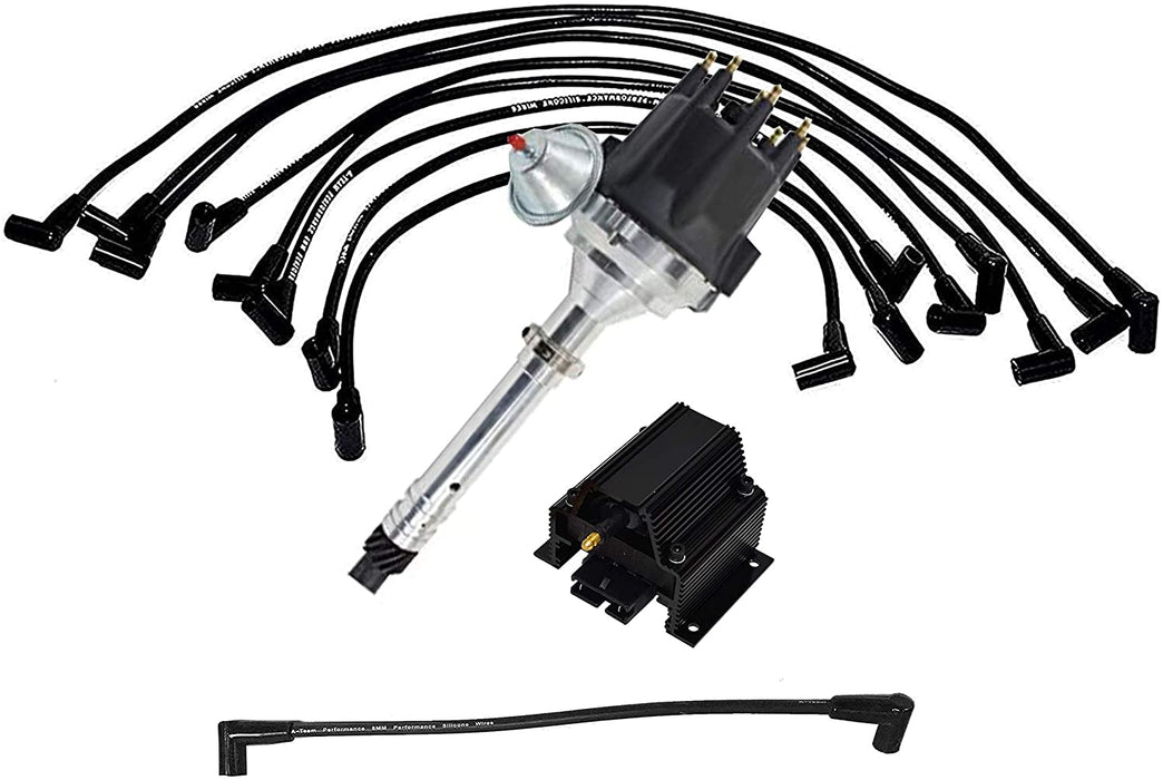 A-Team Performance Pro Series R2R Distributor, 8.0mm Over the Valve Cover Spark Plug Wires, &amp; 50K Volt Coil For GMC Chevrolet SBC 262 283 302 305 307 327 350 400 with Fixed Collar Black - Southwest Performance Parts