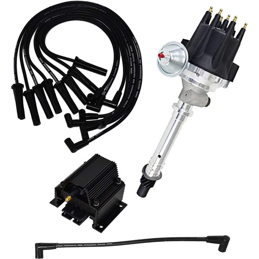 A-Team Performance Pro Series R2R Distributor, 8.0mm Spark Plug Wires, &amp; 50K Volt Coil For Chevy Corvette BBC Tach Drive, 396, 402, 427, 454 Black Cap - Southwest Performance Parts