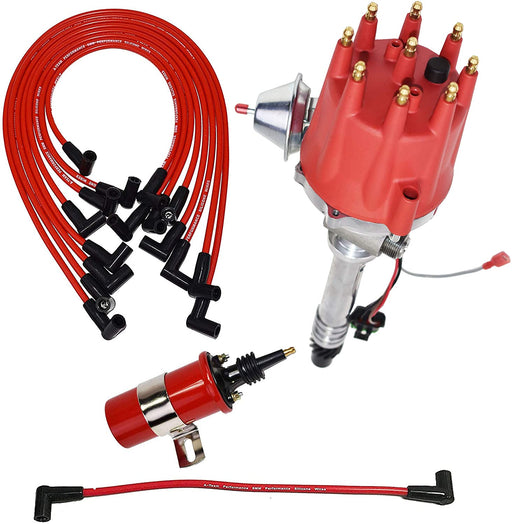 A-Team Performance Pro Series R2R Distributor, 8.0mm Under the Exhaust Spark Plug Wires, &amp; 45K Volt Coil For Chevy Corvette SBC Tach Drive 262 265 267 283 302 305 307 327 350 400 Red - Southwest Performance Parts