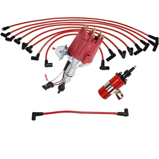 A-Team Performance Pro Series Ready 2 Run Distributor, 8.0mm Spark Plug Wires, 45K Volts Male Canister Style Coil and Coil Wire Kit For Ford SB Small Block Windsor 289-302W, V8 Red Cap - Southwest Performance Parts