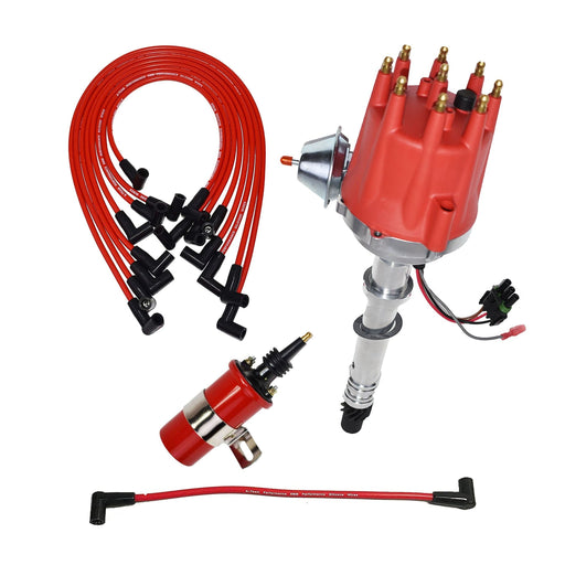 A-Team Performance Pro Series Ready 2 Run Distributor, 8.0mm Under the Exhaust Spark Plug Wires, 45K Volts Canister Coil, Coil Wire For Chevrolet GMC SB BB 327 350 396 454 Fixed Collar Red - Southwest Performance Parts