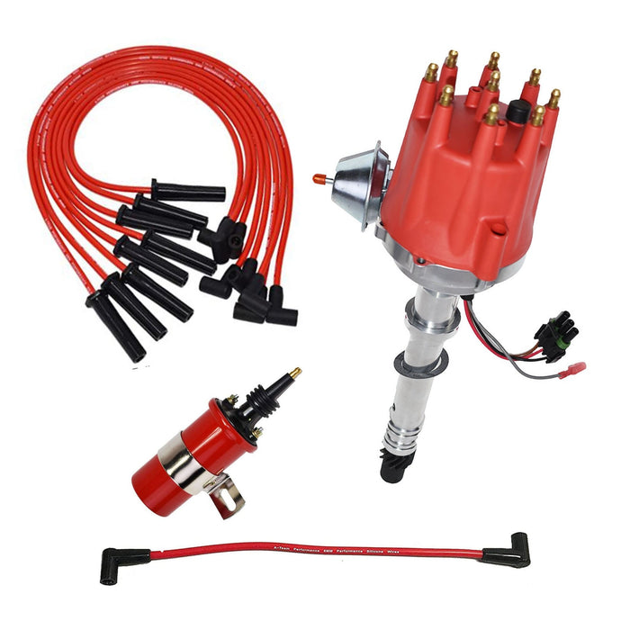 A-Team Performance Pro Series Ready 2 Run Distributor, 8.0mm Under the Exhaust Spark Plug Wires, 45K Volts Canister Coil, Coil Wire For Chevrolet GMC SB BB 327 350 396 454 Fixed Collar Red - Southwest Performance Parts