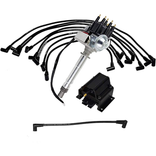 A-Team Performance Ready 2 Run Distributor, 8.0mm Over the Valve Cover Spark Plug Wires, 50k Volts E-Coil, and Coil Wire Compatible with Chevrolet Small Block SBC 283 305 307 327 350 400 Black Cap - Southwest Performance Parts