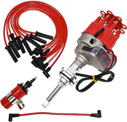 A-Team Performance Ready 2 Run Distributor, 8.0mm Spark Plug Wires, 45k Volts Canister Coil, and Coil Wire For Chrysler Dodge Mopar Plymouth V8 273 318 340 360 R2R Red Cap - Southwest Performance Parts