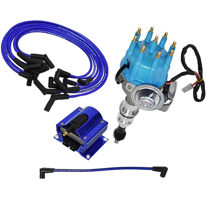 A-Team Performance Ready 2 Run Distributor, 8.0mm Spark Plug Wires, 50k Volts E-Coil, and Coil Wire For Ford Windsor V8 221, 260, 289, 302 Blue Cap - Southwest Performance Parts