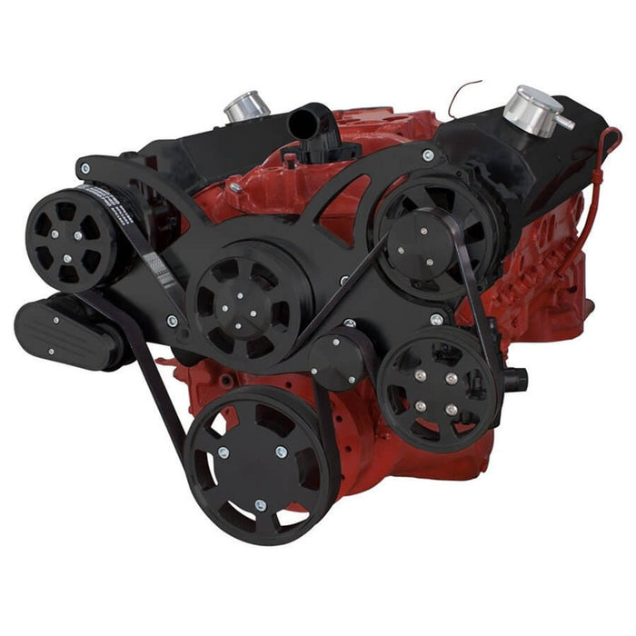 A-Team Performance Small Block Chevy SBC Serpentine Complete Kit - with Alternator, Power Steering, Water Pump and AC Compressor (Black) - Southwest Performance Parts