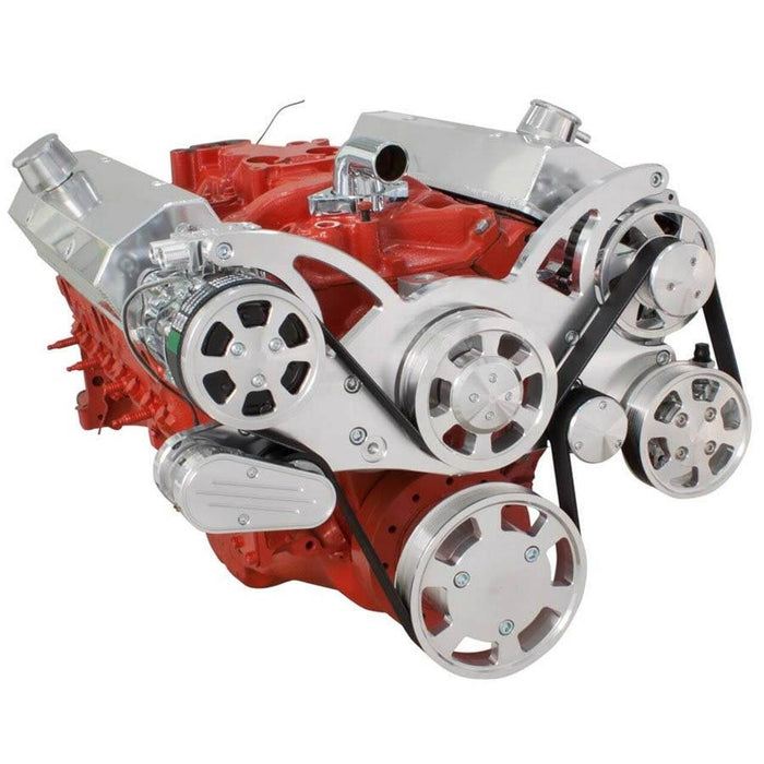 A-Team Performance Small Block Chevy SBC Serpentine Complete Kit - with Alternator, Power Steering, Water Pump and AC Compressor (Polished) - Southwest Performance Parts