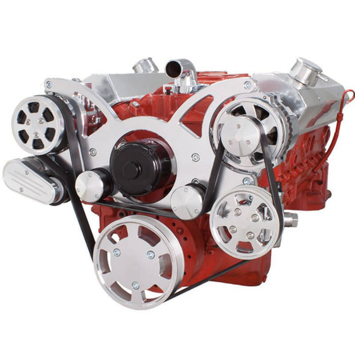 A-Team Performance Small Block Chevy SBC Serpentine Complete Kit - with EWP-Electric Water Pump - with Alternator, Power Steering, Electric Water Pump and AC Compressor (Polished) - Southwest Performance Parts