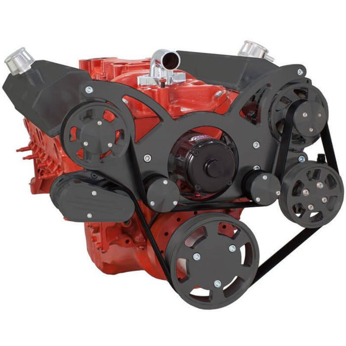 A-Team Performance Small Block Chevy SBC Serpentine Complete Kit - with EWP-Electric Water Pump - with Alternator, Power Steering, Electric Water Pump and AC Compressor (Black) - Southwest Performance Parts