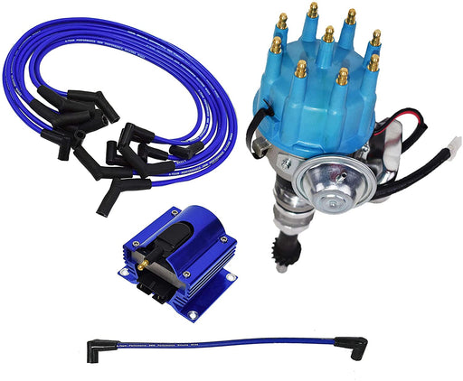 Ready 2 Run Distributor, 8.0mm Spark Plug Wires, 50k Volts E-Coil, and Coil Wire For Small Block Ford SBF 351W Two-Wire Installation Blue Cap - Southwest Performance Parts